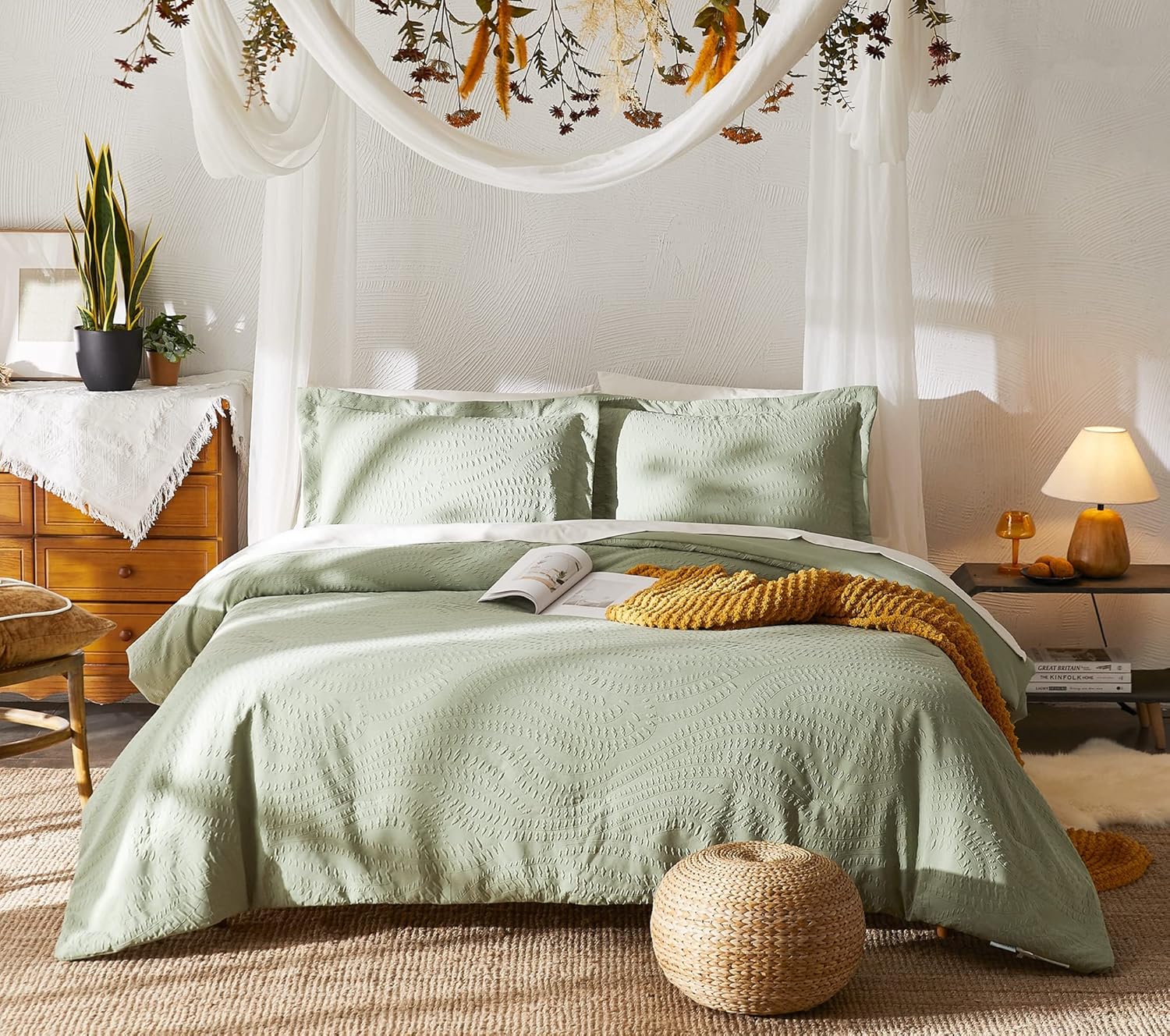 Geniospin Full Comforter Set, Special Bed in a Bag Sage Green Bedding Set 7-Piec...