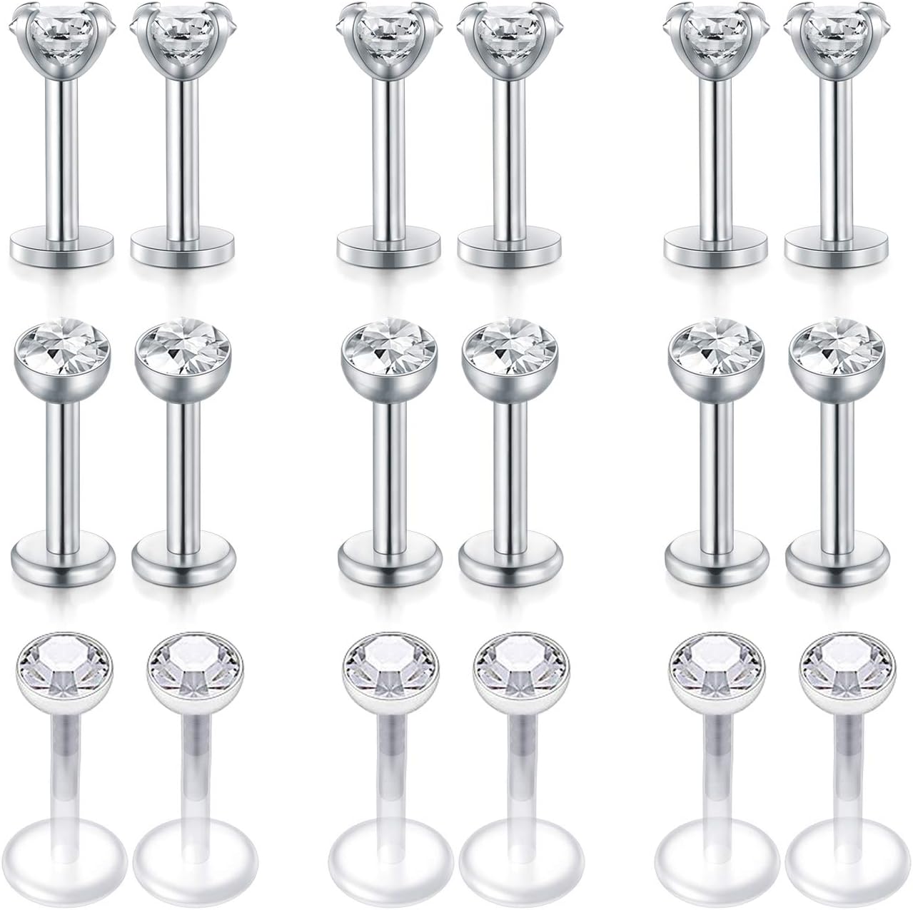 Rajnard 15-24Pcs 16G 6/8/10mm Tragus Helix Earrings Studs Lip Labret Studs Stain...