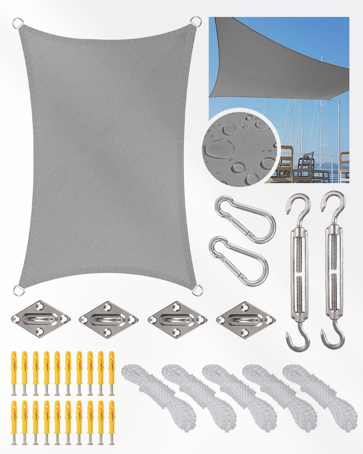 Rectangle Sun Shade Sail Waterproof, 3x4m Garden Sail, PES Awning Canopy 98% UV...