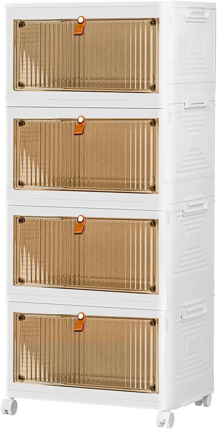 4 Tier Stackable Plastic Storage Bins with Lids 23QT, Collapsible Closet Organiz...