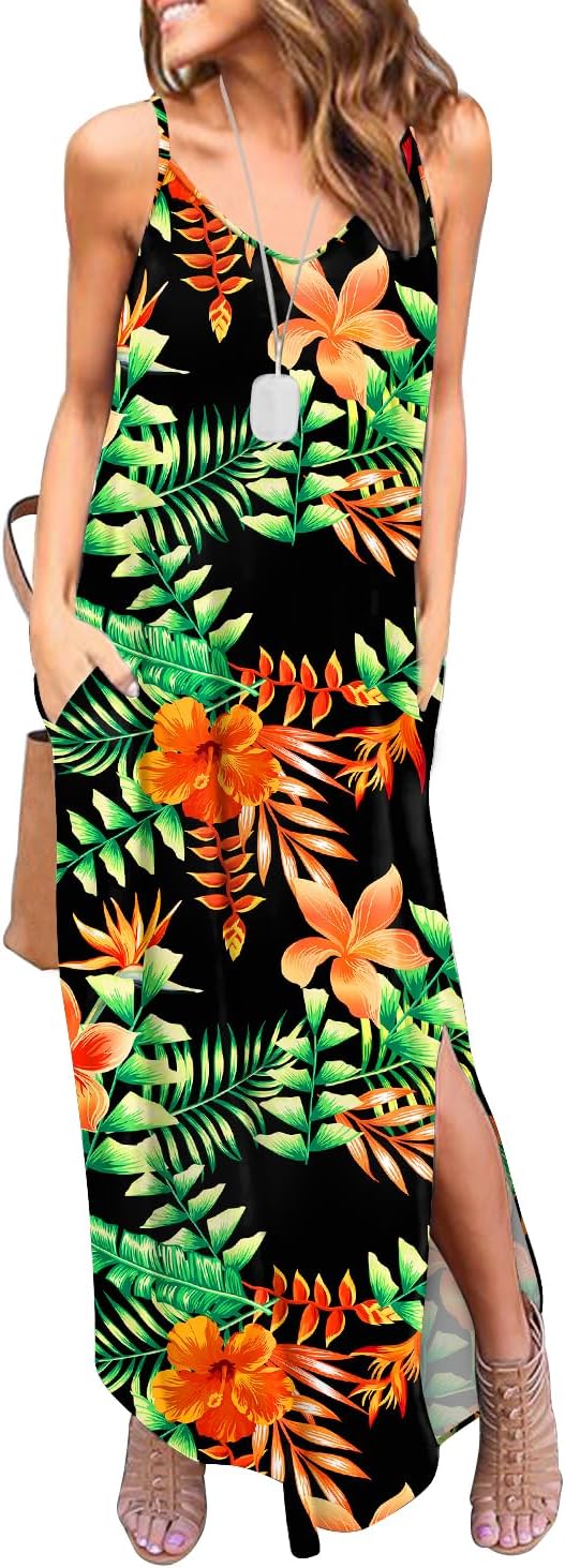 HUSKARY Women's Summer Casual Sleeveless V Neck Strappy Split Loose Dress Beach...