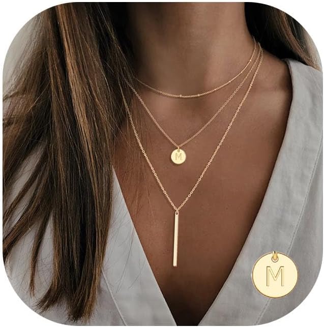 Gold Initial Layered Necklaces for Women, 14K Gold Plated Coin Letter Necklace B...