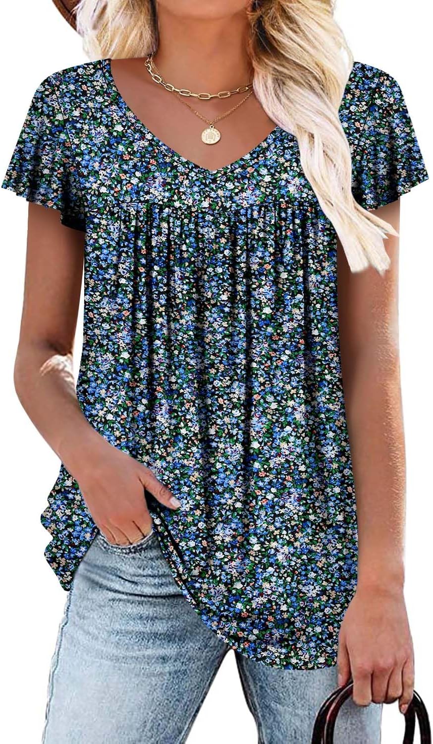 ROSELINLIN Womens Ruffle Sleeve Tunic Tops V Neck Loose Fit Short Sleeve Summer...