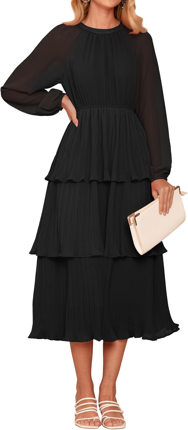 ZESICA Women's Dress, Special Long Sleeve Crew Neck Ruffle Tiered Layered Design...