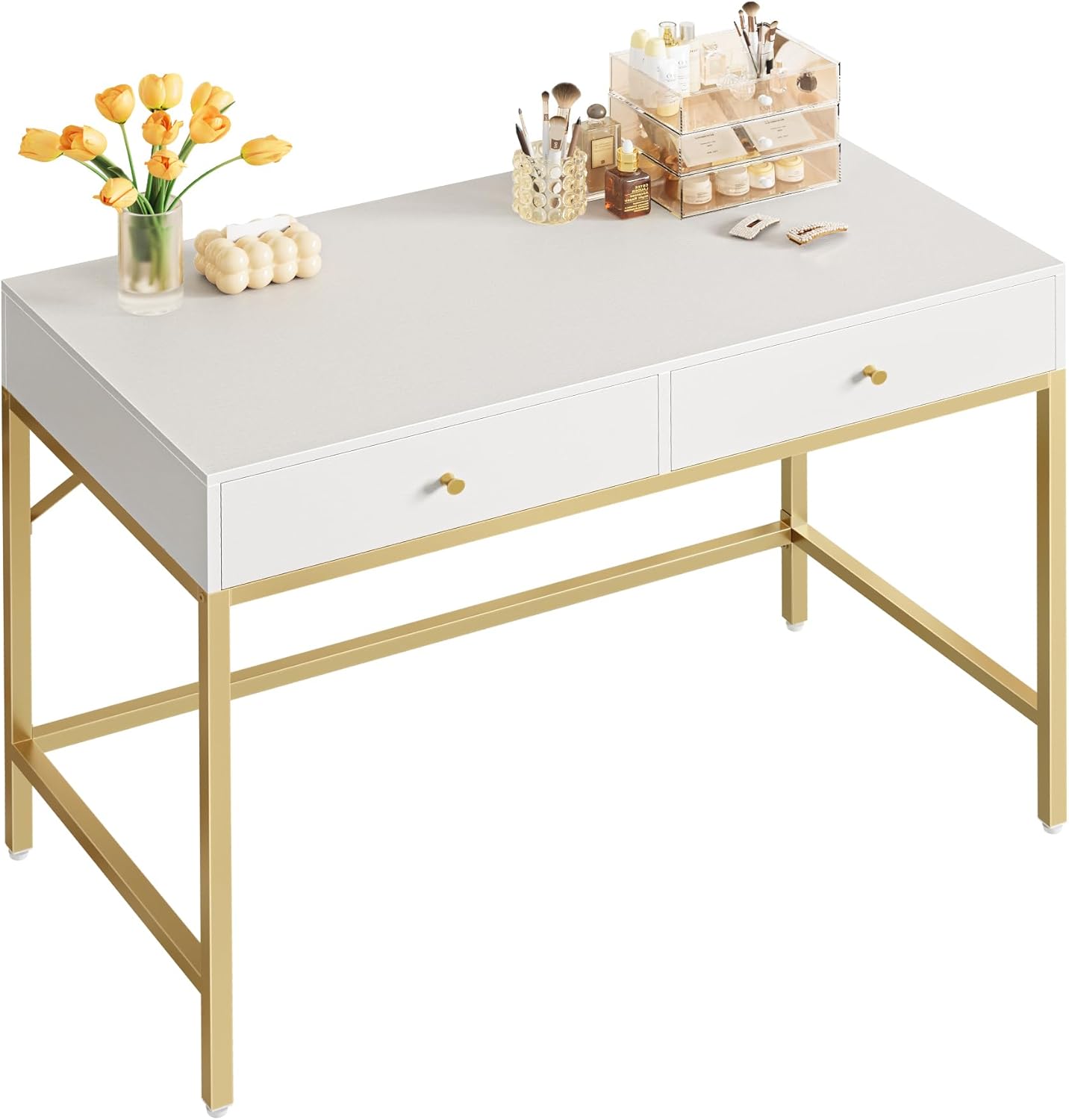 SUPERJARE 35.4" White and Gold Desk, Special Modern Makeup Vanity Desk with 2 Dr...