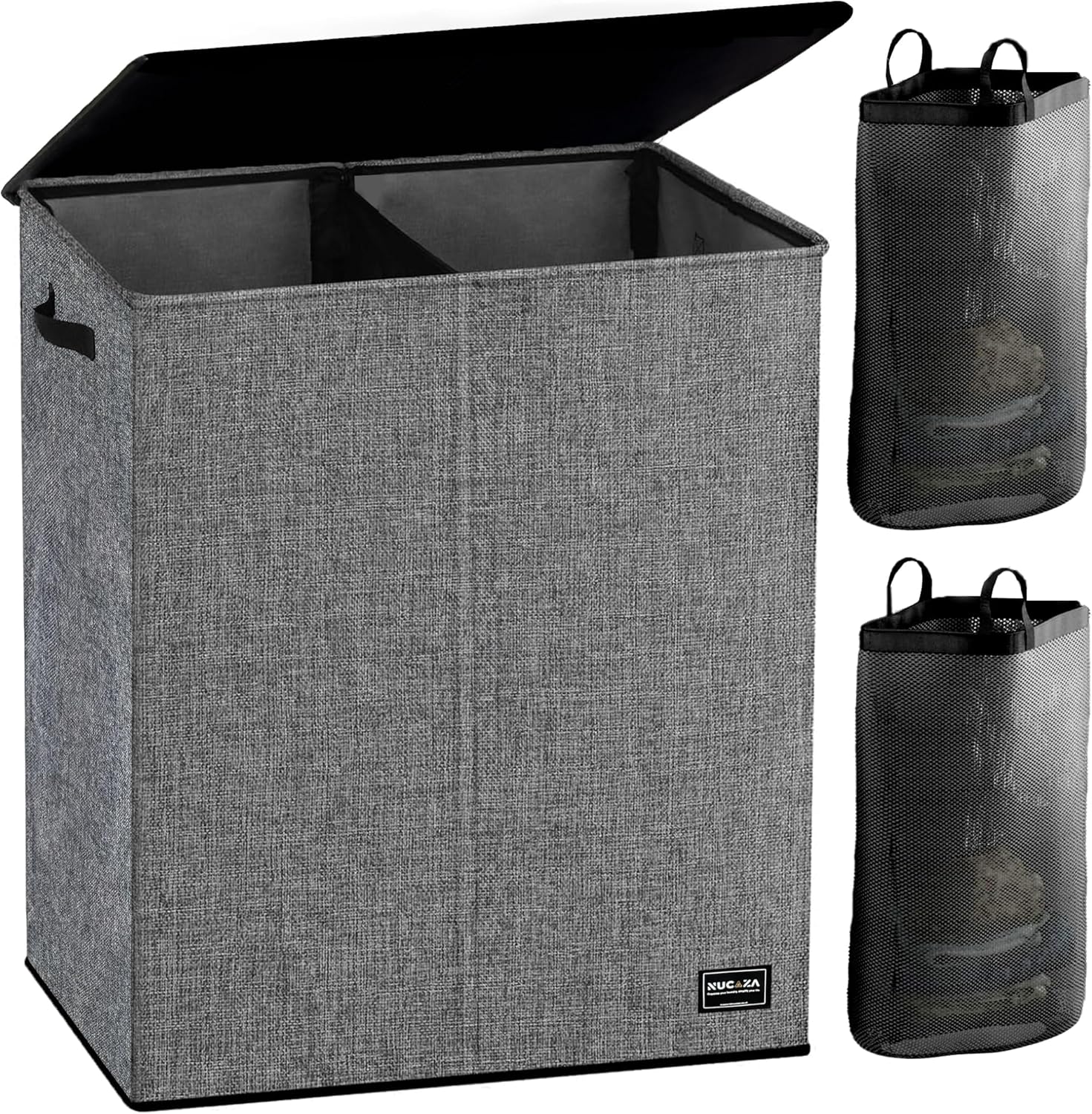 NUCAZA 145L Double Laundry Basket with Lid & Removable Laundry Bags, 2 Compartme...