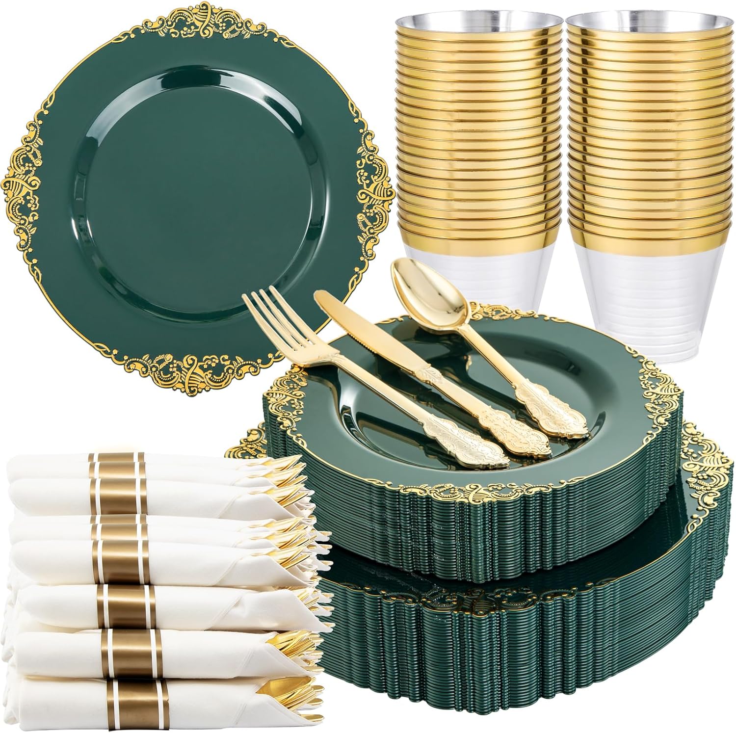Nervure 175PCS Green Plastic Plates - Disposable Green Gold Party Plates & Pre R...