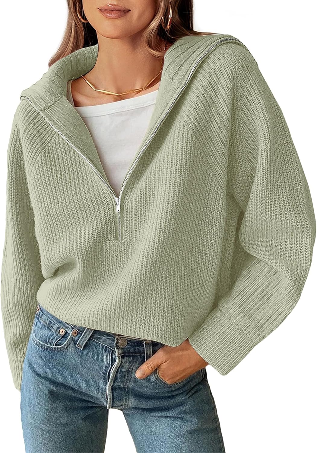 BTFBM Women’s Casual Long Sleeve Half Zip Pullover Sweaters Solid V Neck Collar...