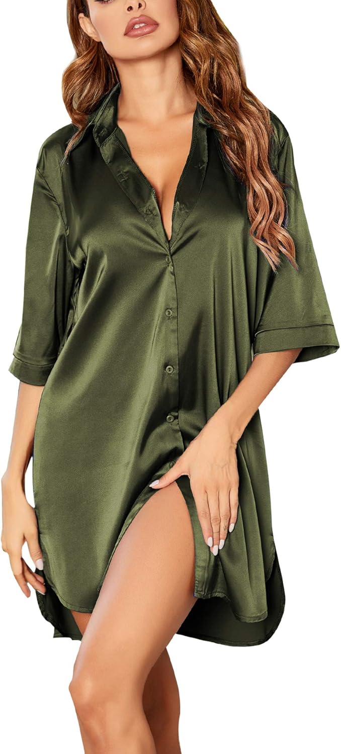 Ekouaer Women's Satin Nightshirt, Special Button Down Sleepshirt, Innovative Sil...
