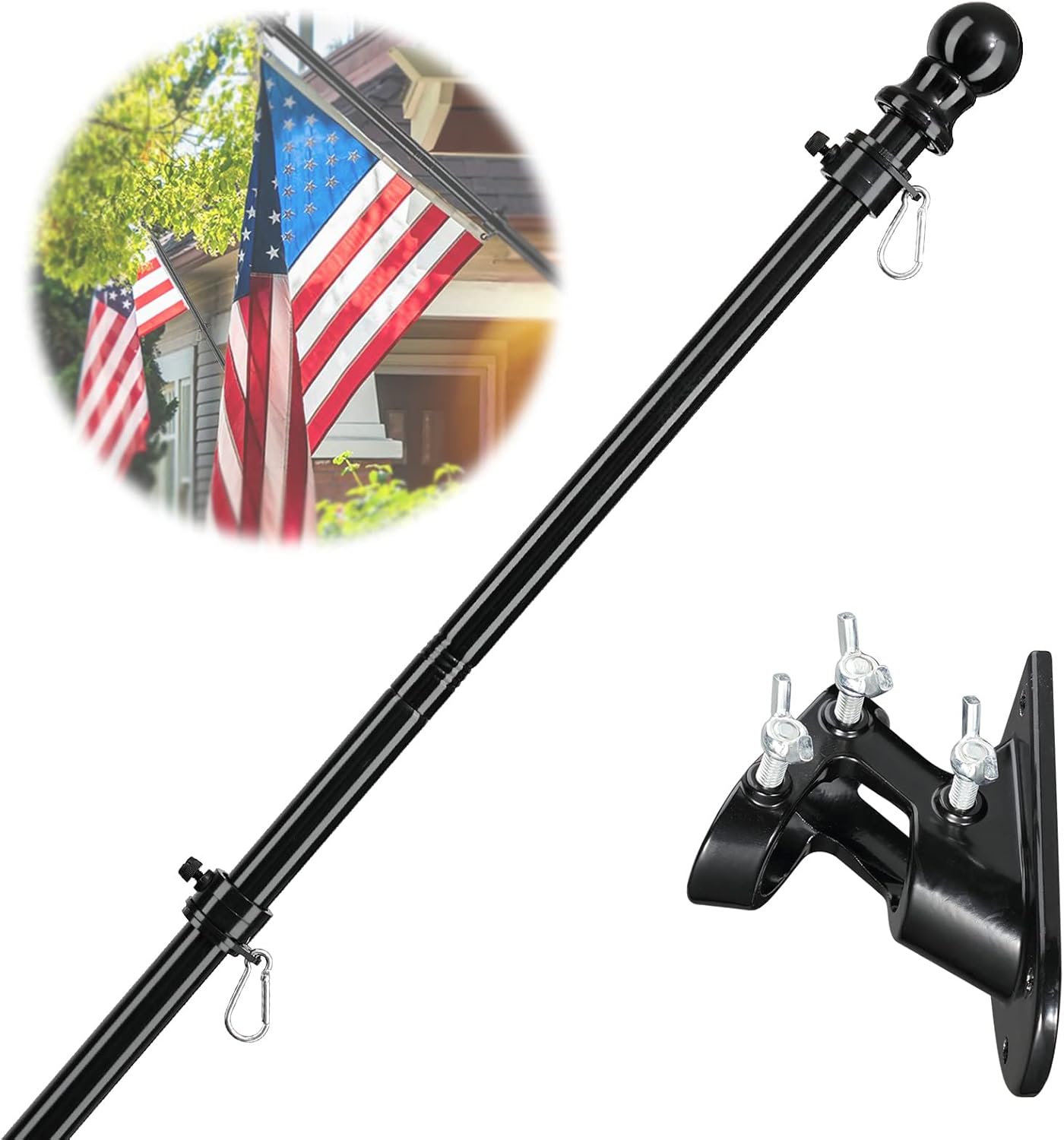American Flag Poles for Outside House - 5ft Tangle Free Flag Pole for House with...