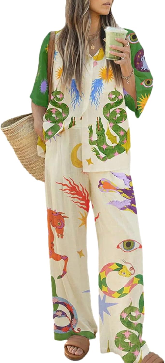 Peaceglad Women's Summer Print Two Piece Pajama Set Short Sleeve Button Down Top...