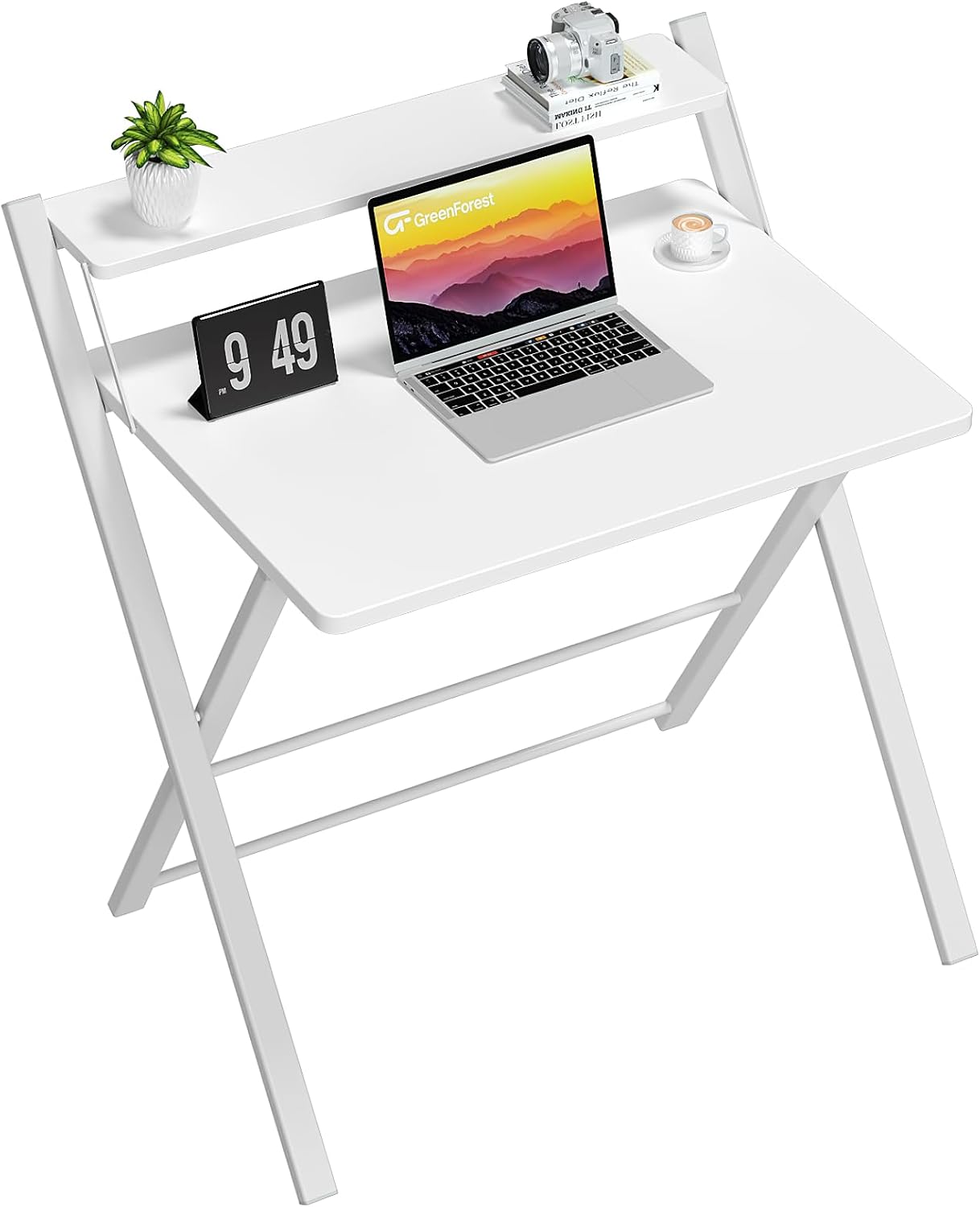GreenForest Folding Desk No Assembly Required Small Size, 2-Tier Foldable Comput...