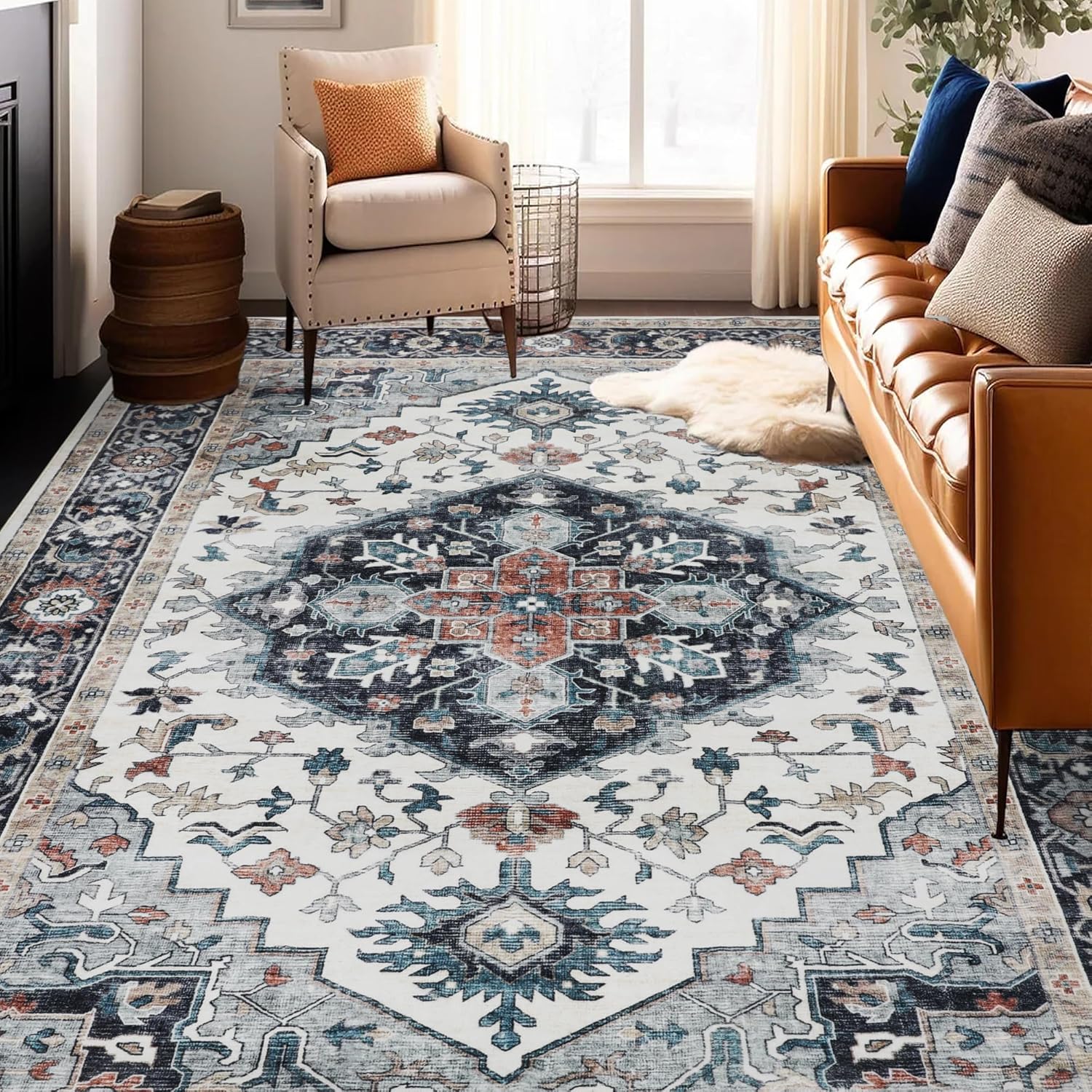 Machine Washable Rug 8x10 Vintage Design Washable Boho Area Rugs for Living Room...