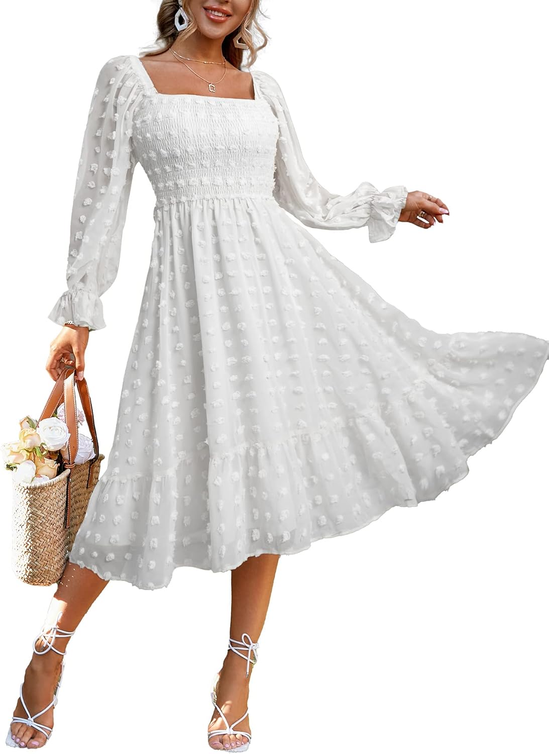 Amegoya Women's Boho Flowy Long Sleeve Square Neck Floral Midi Dress Smocked Spr...
