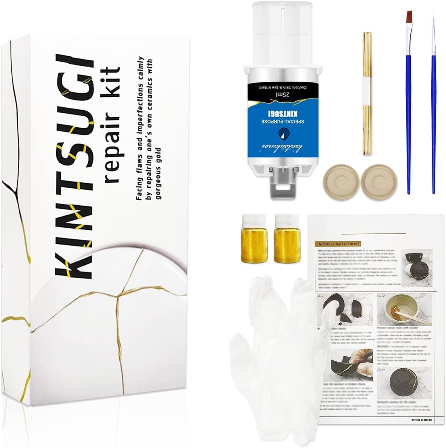 MUFUN Kintsugi Repair Kit, Repair Ceramic Bowls & Vases with Gold Powder Glue, E...