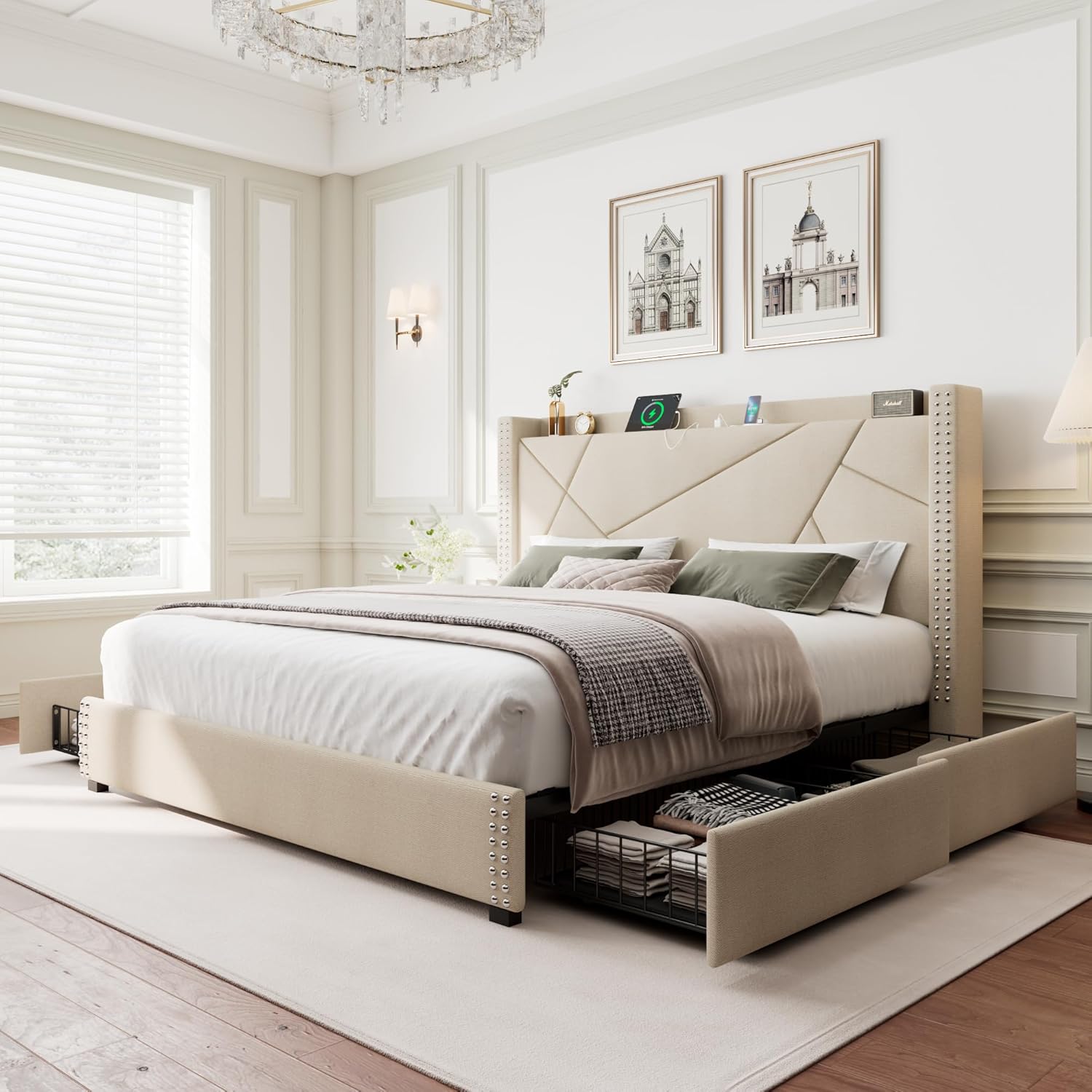 iPormis King Storage Bed Frame, Special Bed Frame With 4 Drawers, Innovative Uph...