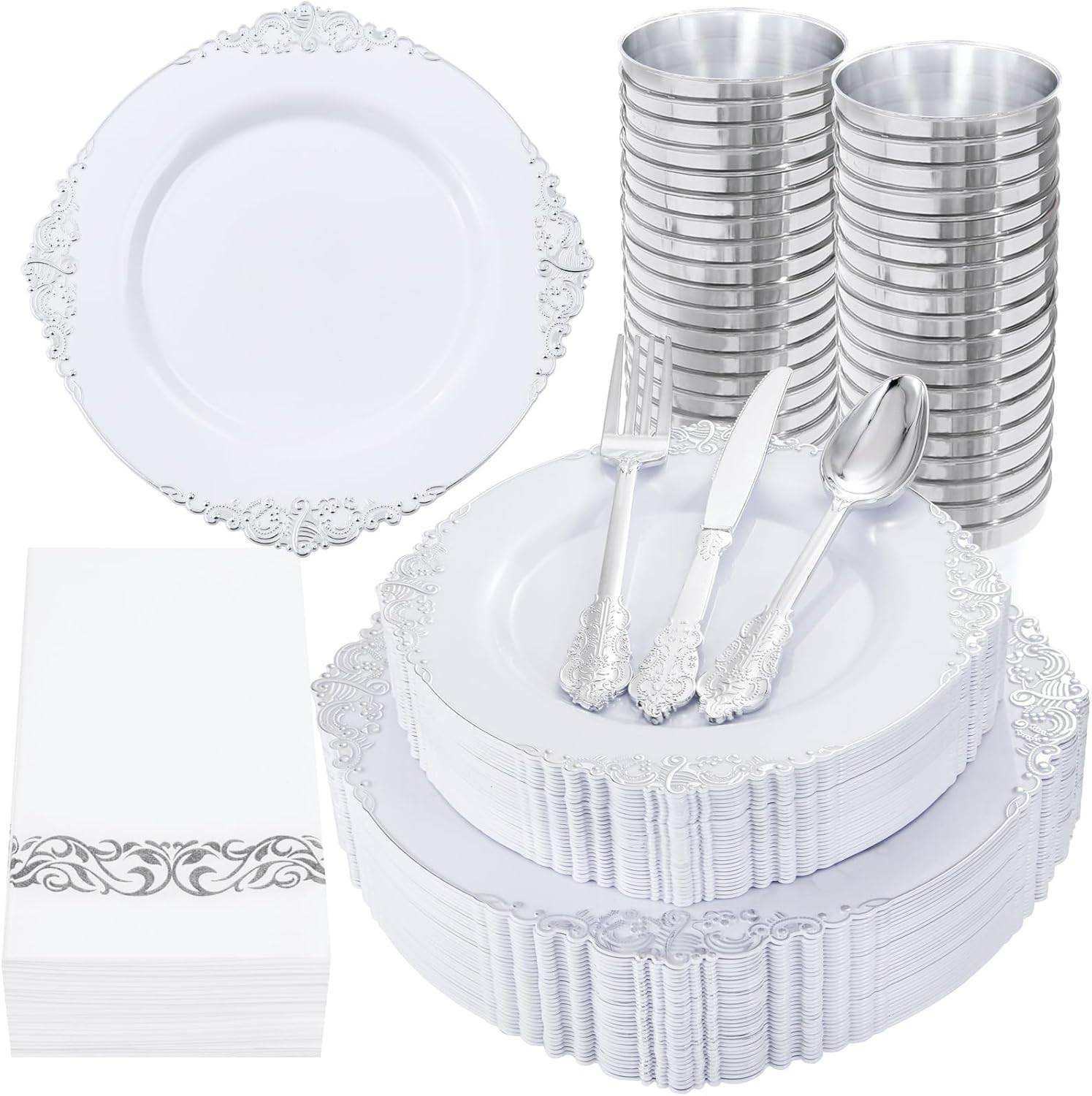 Nervure 350PCS Silver Plastic Dinnerware - White and Silver Disposable Plates fo...