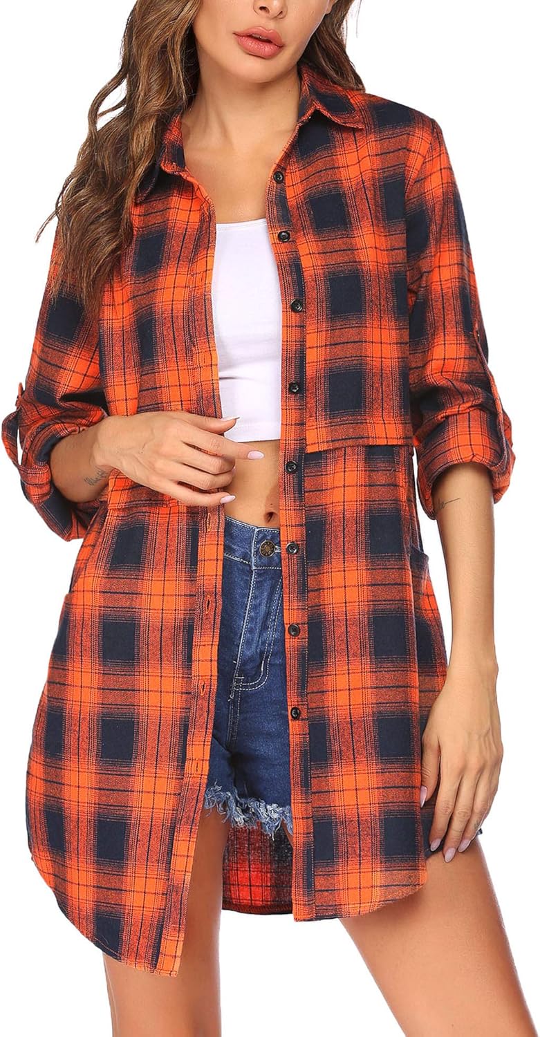 HOTOUCH Women's Flannel Shirts, Special Roll Up Long Sleeve Mid-Long Boyfriend S...