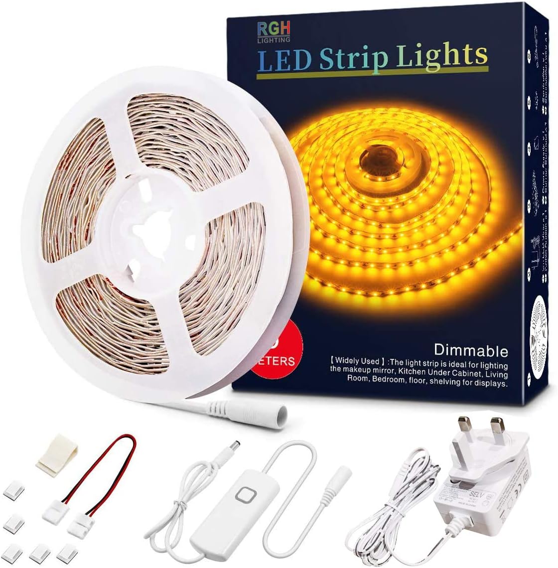 LED Light Strip, 5M, Dimmable, Yellow, LED Light Strip, Flexible, Under-Cabinet,...
