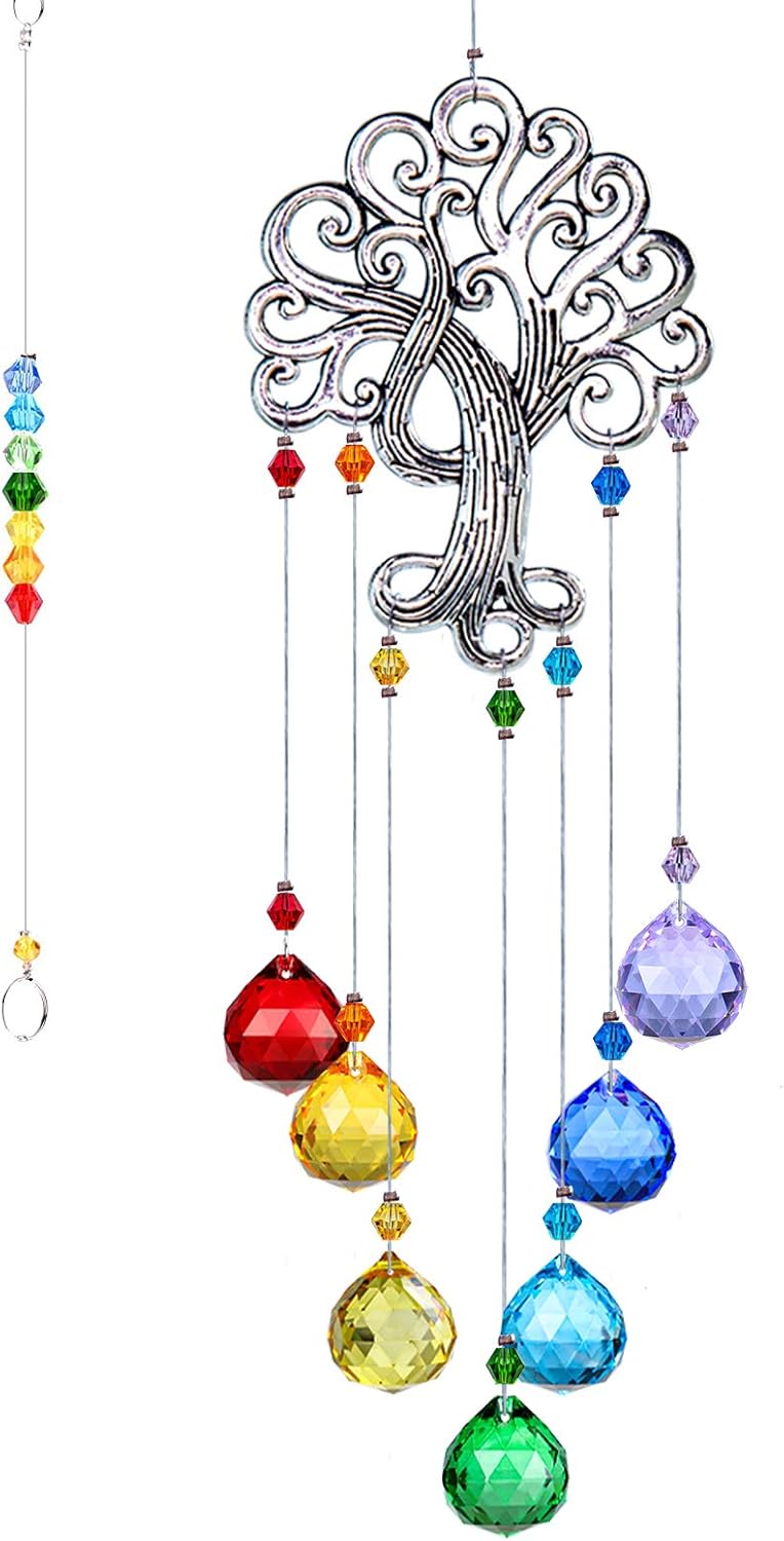Crystal Suncatcher Chakra Colors Ball Prism,Glass Tree of Life Sun Catcher for W...