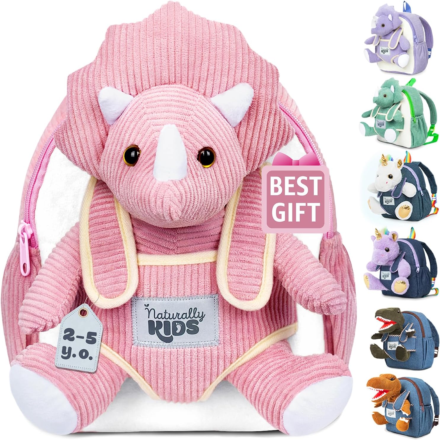 Naturally KIDS Toddler Backpack w Stuffed Animals 10h Small — Triceratops Pink