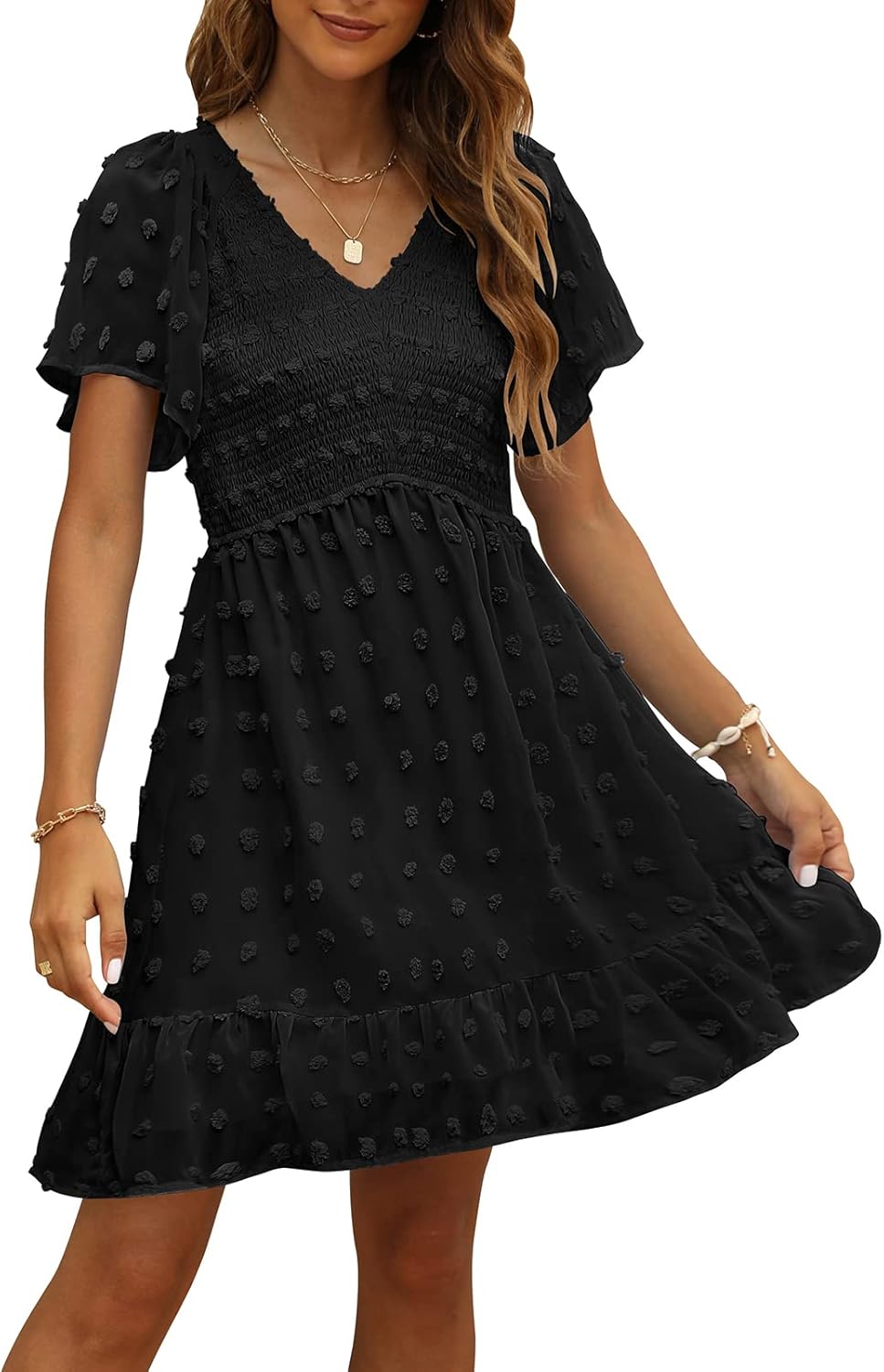 TECREW Womens Smocked Short Sleeve V Neck Mini Dress Summer Swiss Dot Flowy Shor...