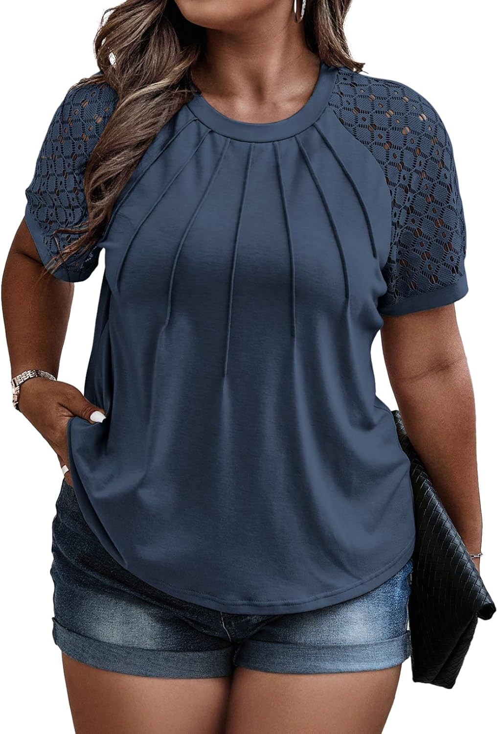 Eytino Plus Size Tops, Special Summer Lace Short Sleeve Crewneck, Innovative Loo...