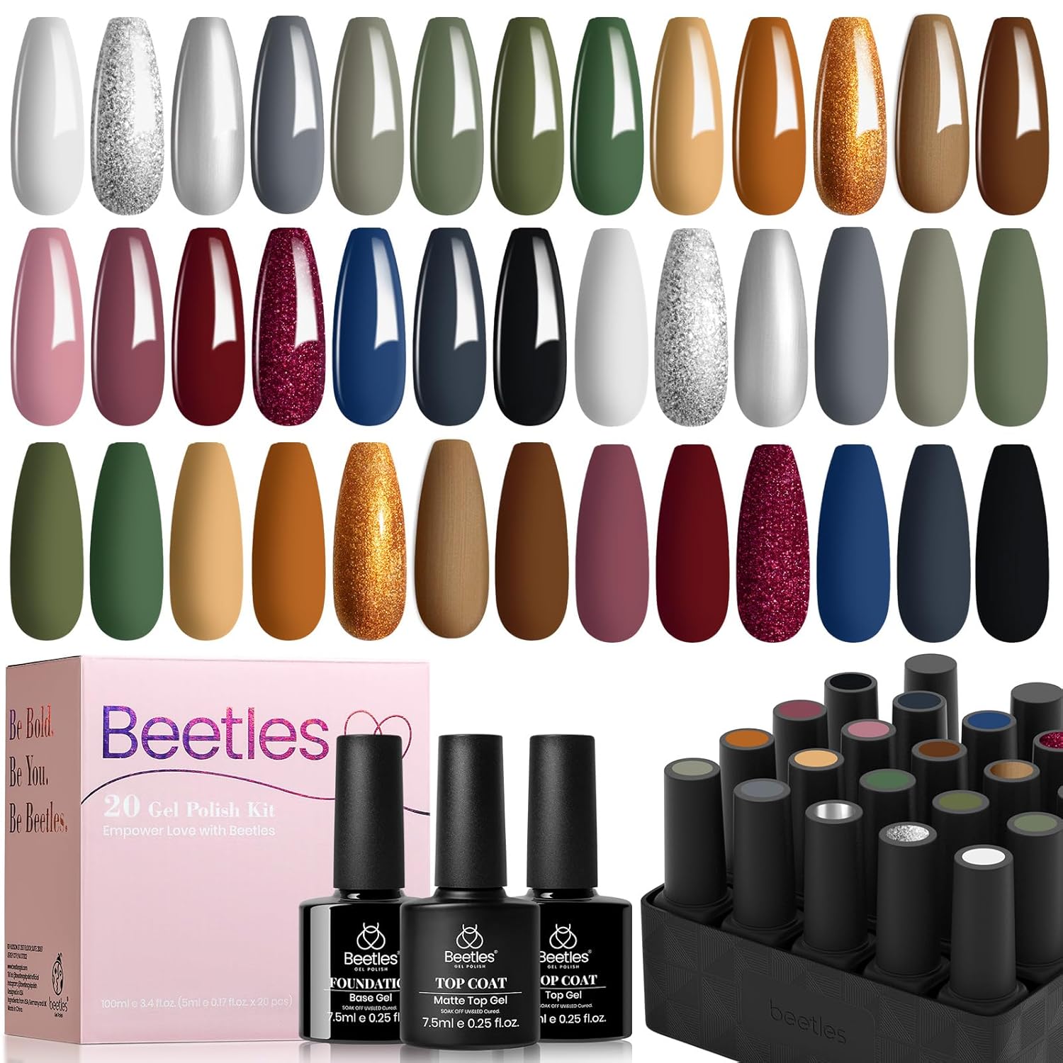Beetles Gel Nail Polish Set 23 Pcs burgundy Brown Gold Nude Pink Black White Gli...