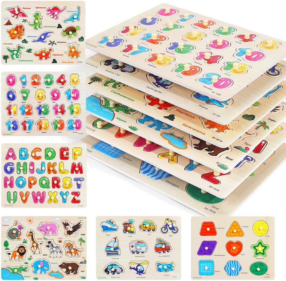 GRINNNIE Wooden Peg Puzzle Set, Unique Puzzle Set for Toddlers, Special 6 Pack T...