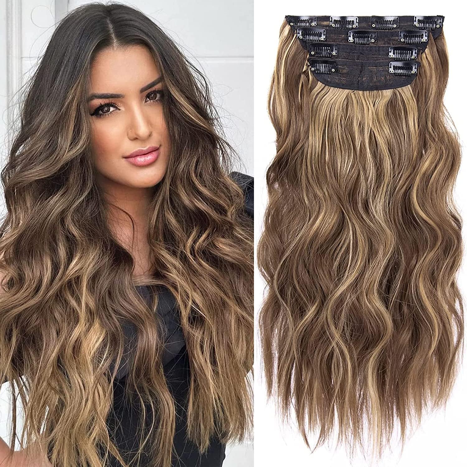 20 Inches Brown Hair Extensions Clip in, 4Pcs Synthetic Clip in Hair Extension,...