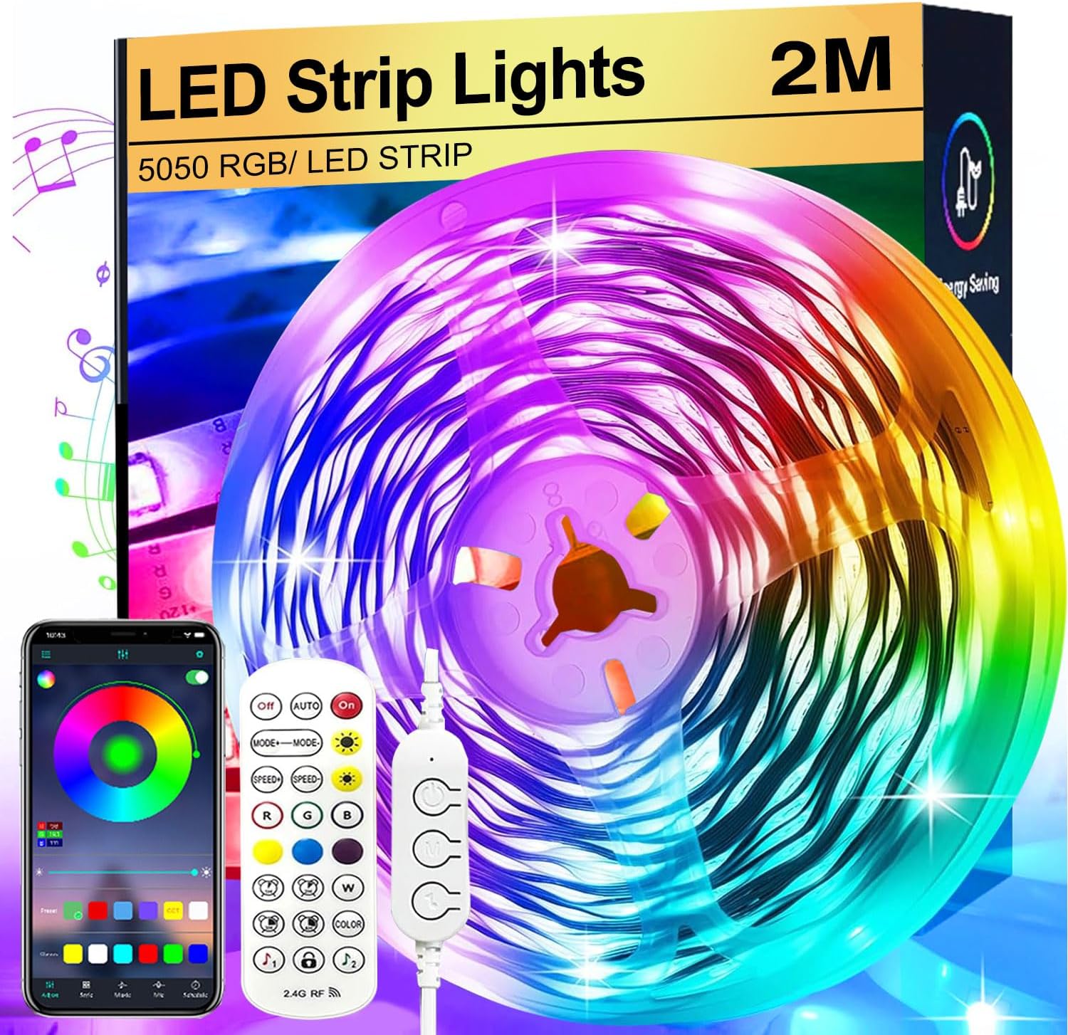 FOLAI 2M Led Strip Lights RGB Music Sync Color Changing, Led Lights with Smart A...