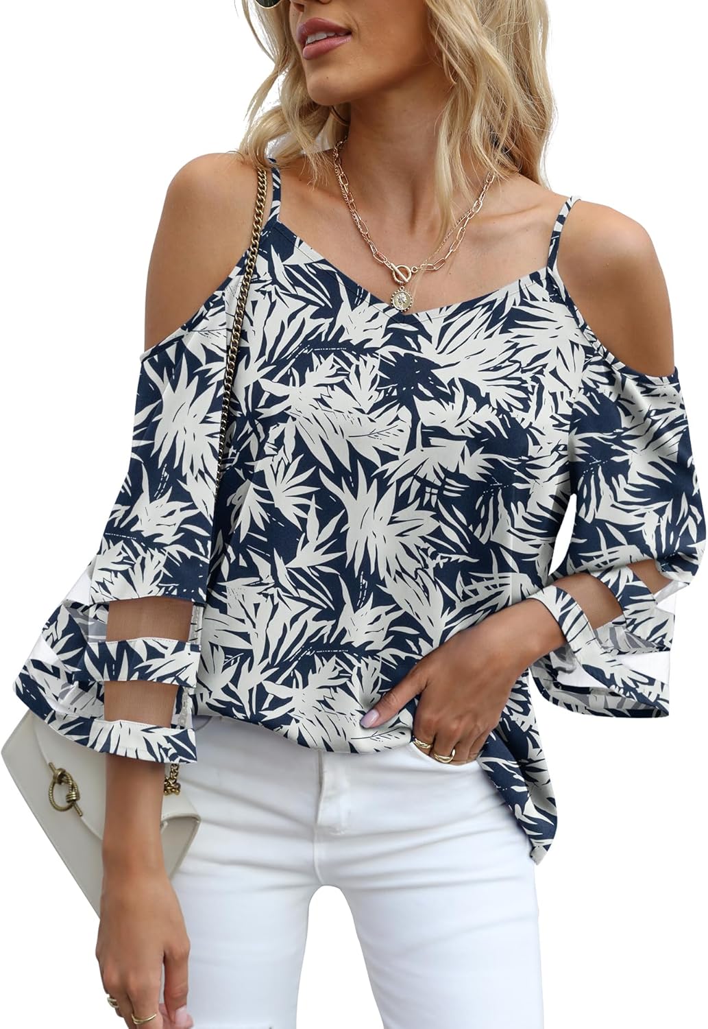 Jouica Women's Summer Top, Special Cold Shoulder Tops with Mesh Panel, Innovativ...