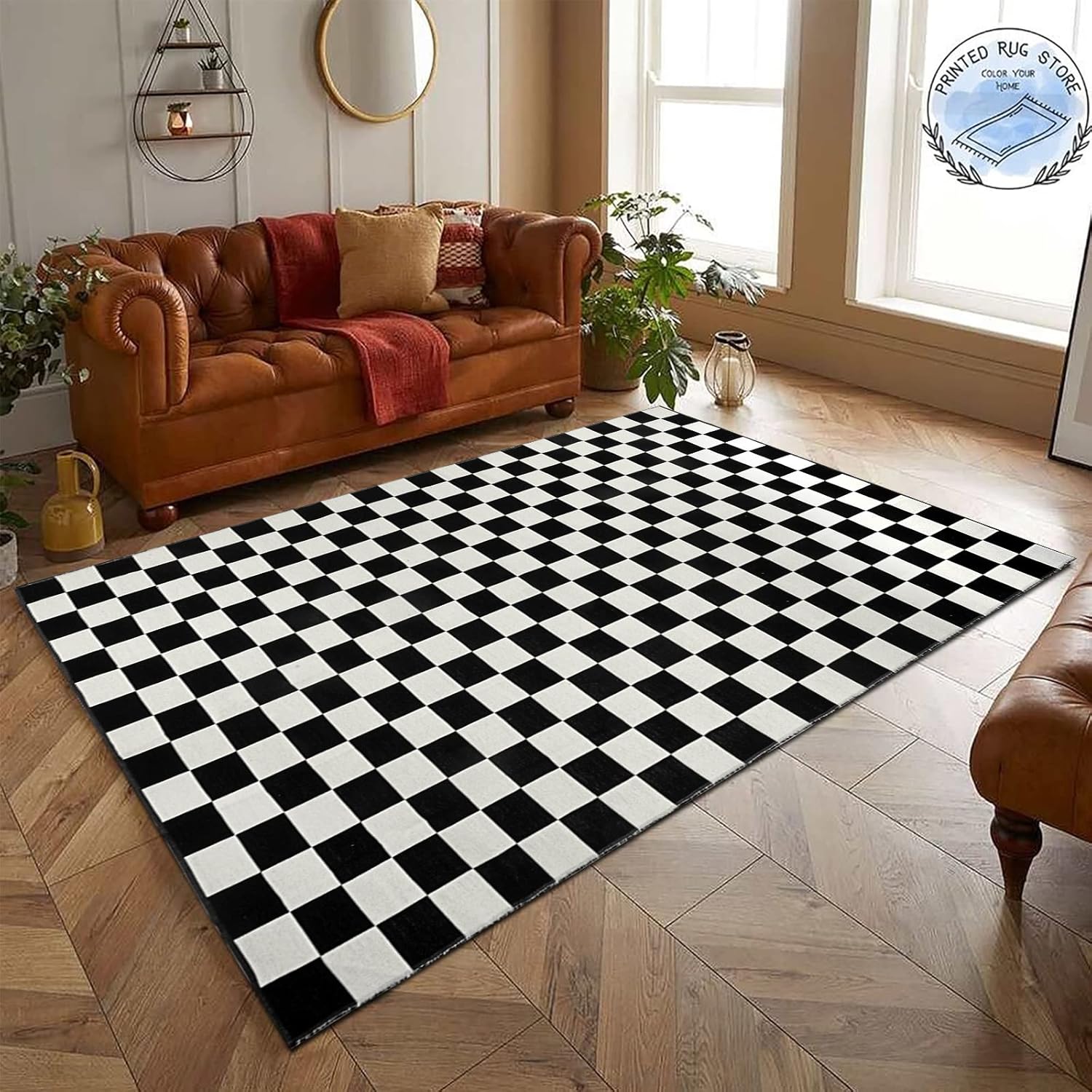 Seavish Checkered Rug, Special 5x8 Ft Black and White Rug, Innovative Retro Chec...