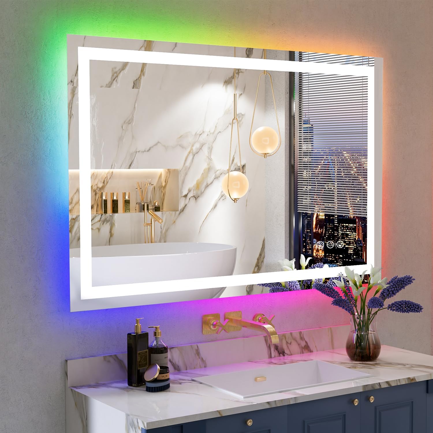 48x32 Inch RGB LED Bathroom Mirror Front Light and RGB Backlit Lighted Vanity Mi...