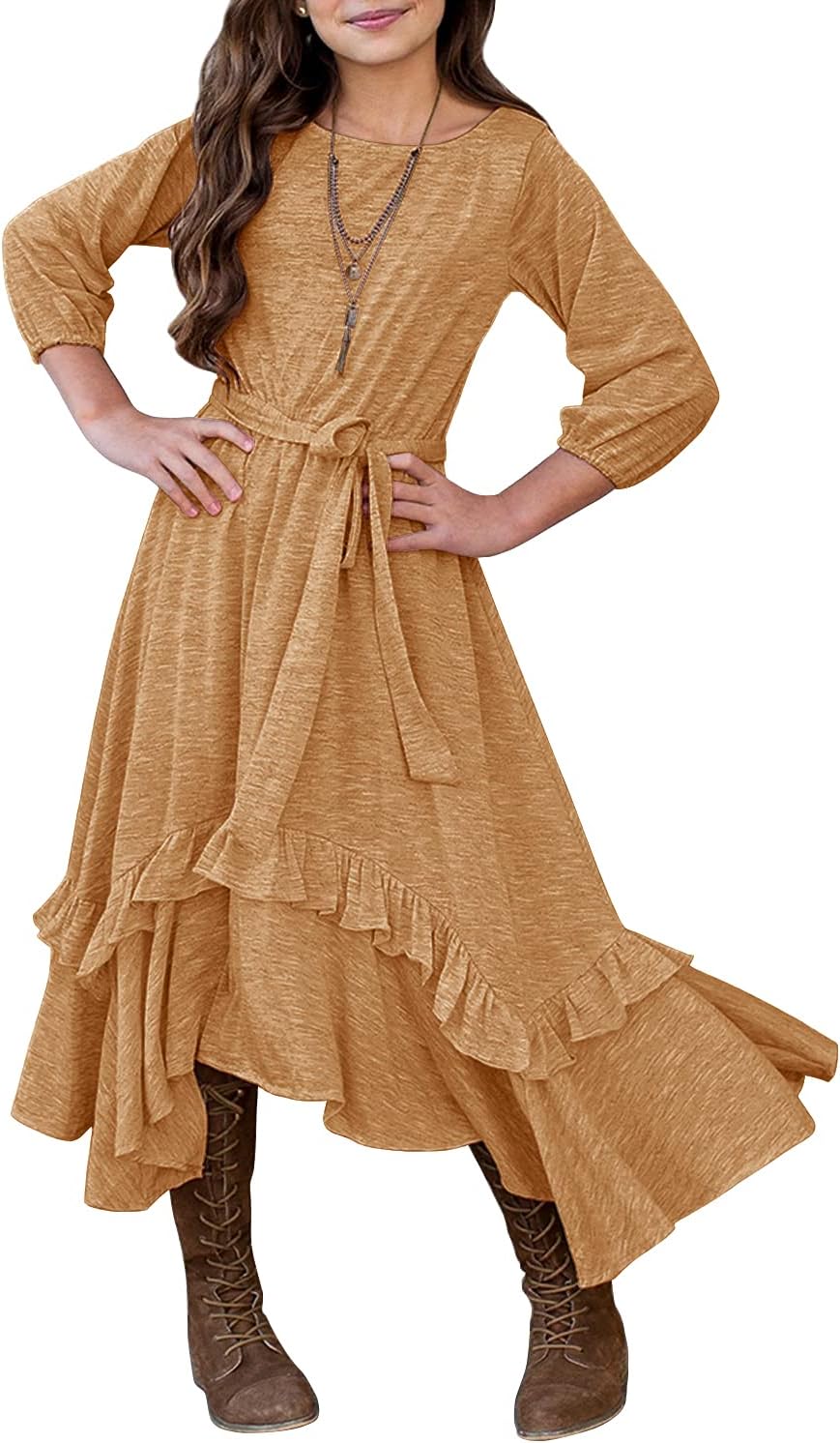 MITILLY Girls Dress, Special Loose Plain Long Maxi Dress, Trendy 3/4 Sleeve Casu...
