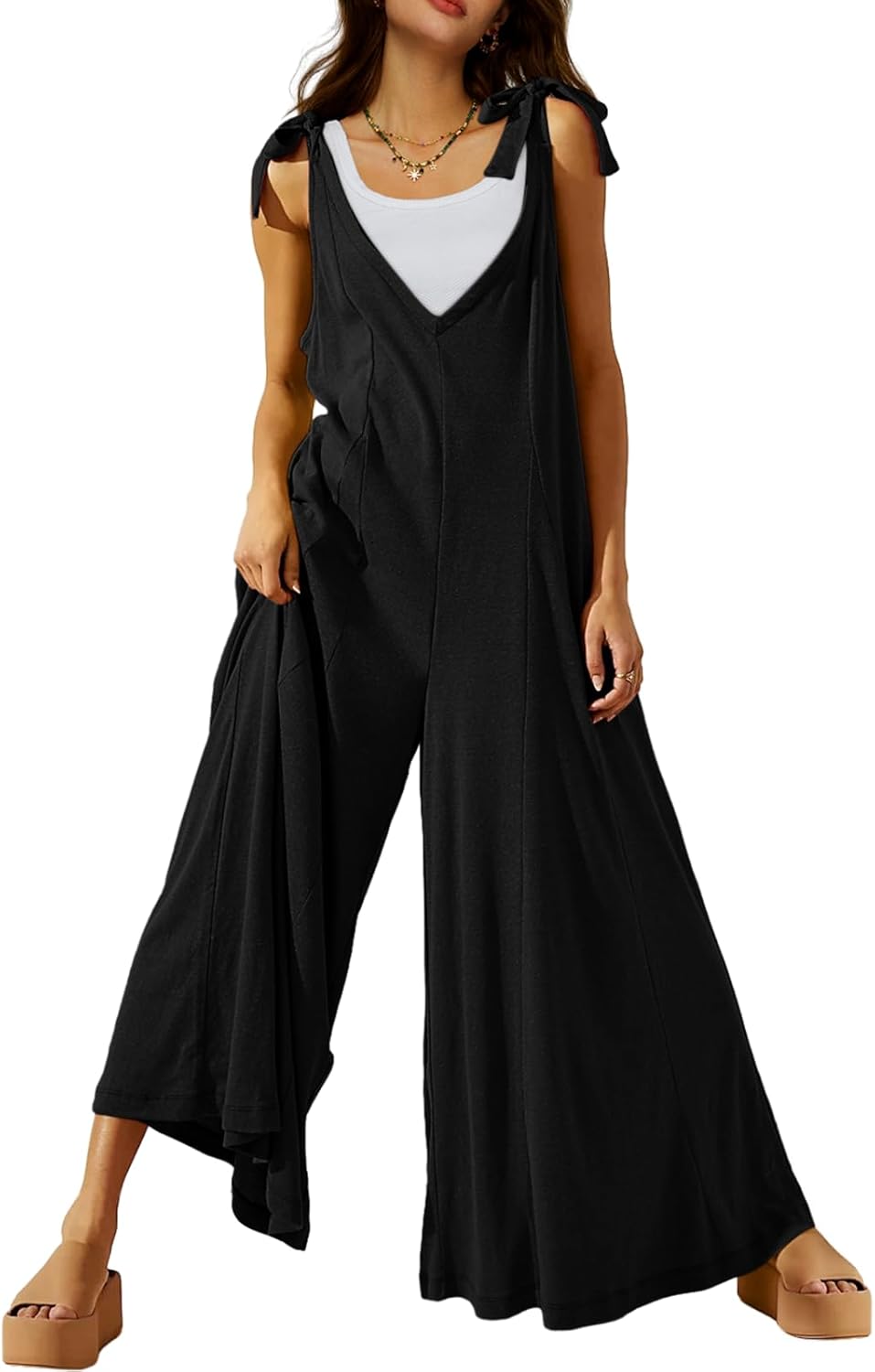 DEEP SELF Women's Summer Causal Jumpsuits Sleeveless Wide Leg Long Rompers V Nec...
