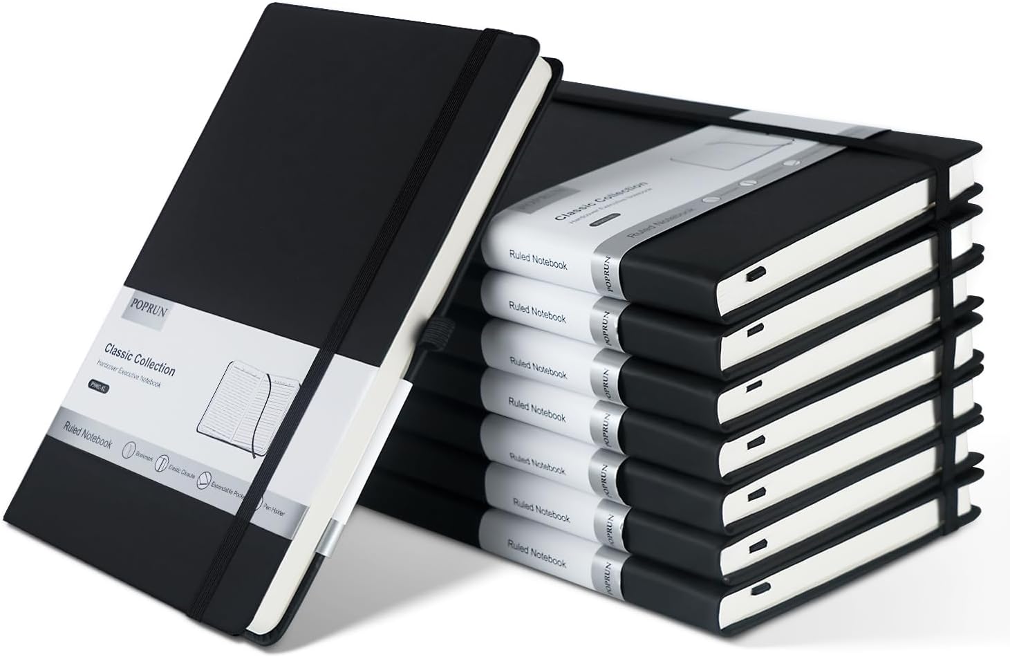 POPRUN A5 Notebook Lined Journal, 8 Pack Black PU Leather Hardback Notepad for W...