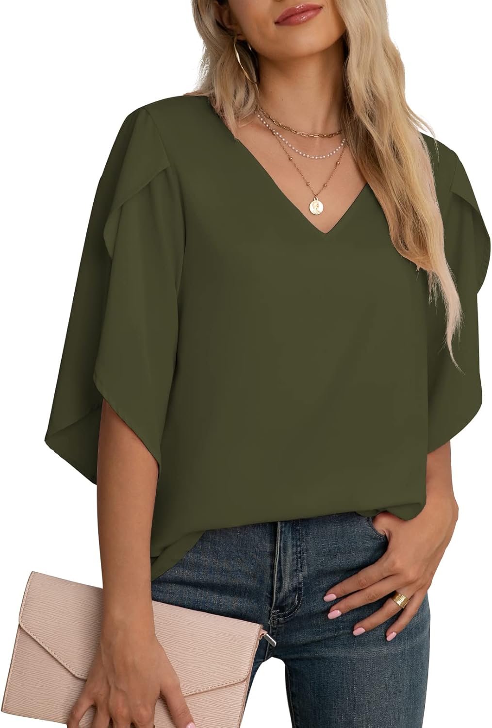 Jouica Women's Fall Casual Top, Special 3/4 Ruffled Sleeve Chiffon Blouse for Wo...