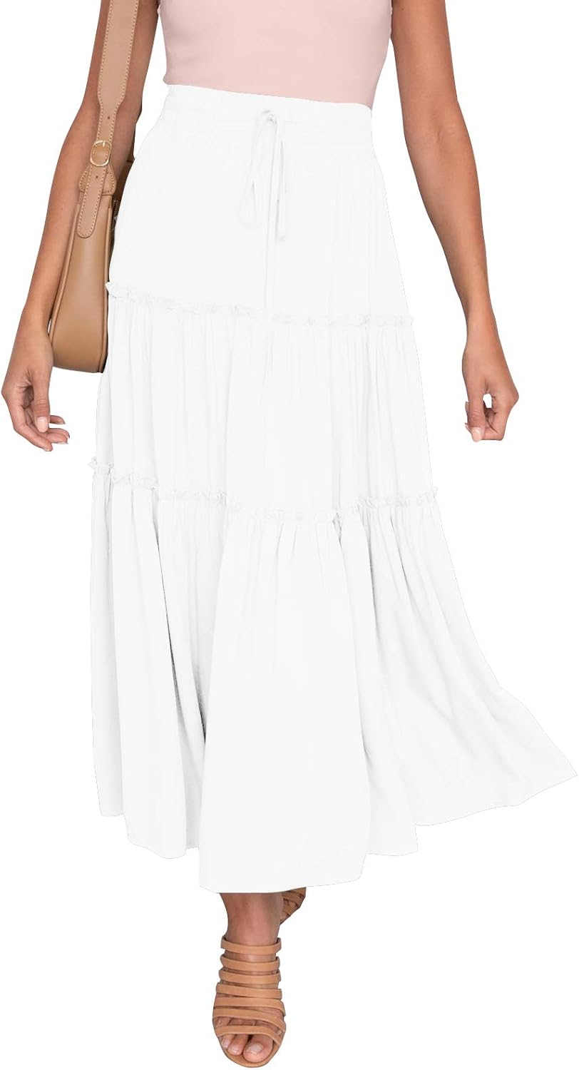 HAEOF Women's Boho Elastic High Waist A Line Ruffle Swing Beach Maxi Skirt with...