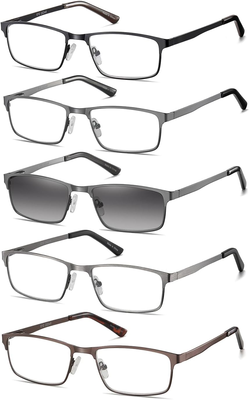 Amcedar 5-Pack Reading Glasses Men Metal Frame Rectangle Style Stainless Steel M...