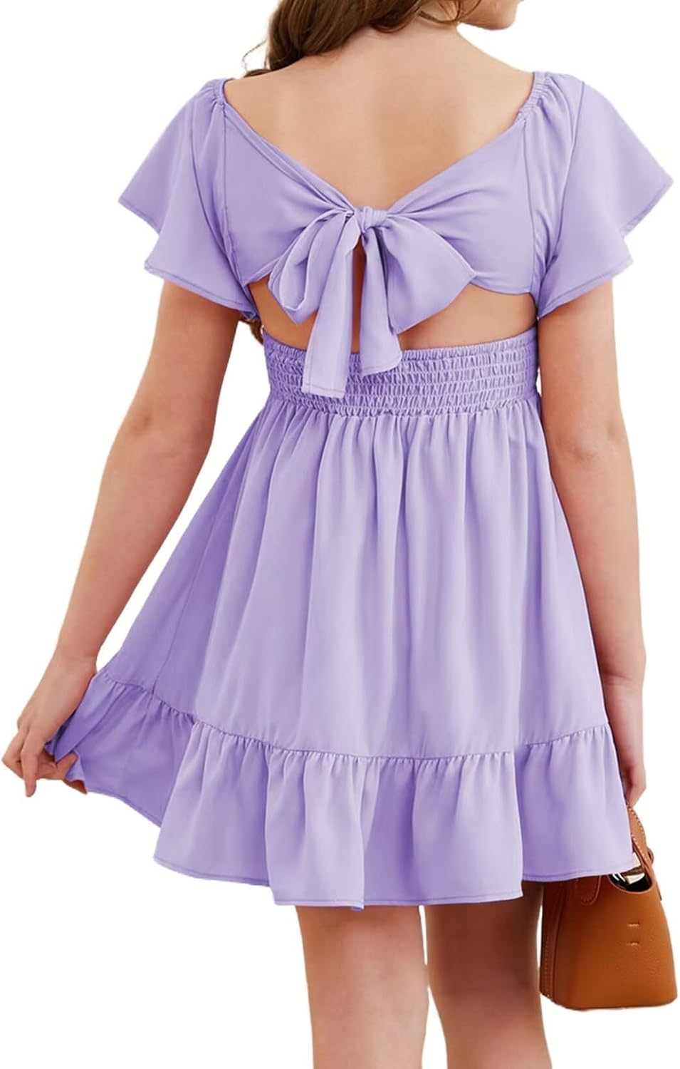 Girls Elegant Ruffle Short Sleeve Back Tie Dresses...