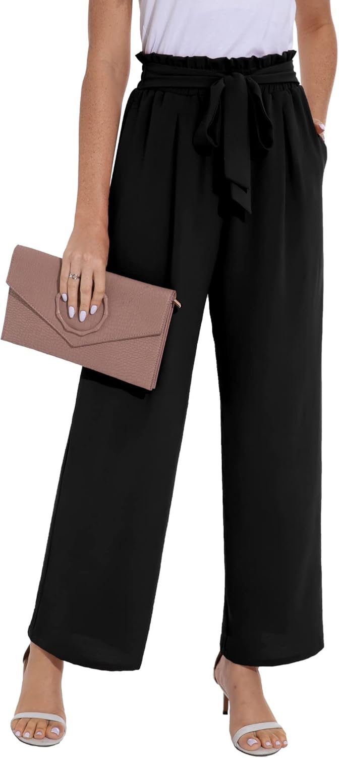 PrinStory Womens Wide Leg Trousers Lightweight Elasticated Waist Summer Pants wi...