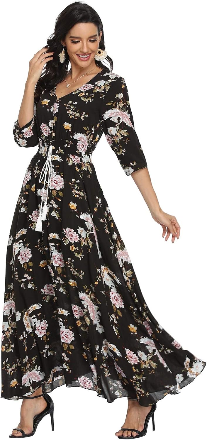 VintageClothing Women's Floral Maxi Dresses with Sleeves Flowy Boho Beach Dress...