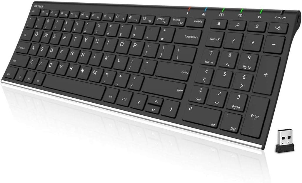 Arteck USB Wireless Keyboard Stainless Steel Ultra Slim Keyboard with Numeric Ke...