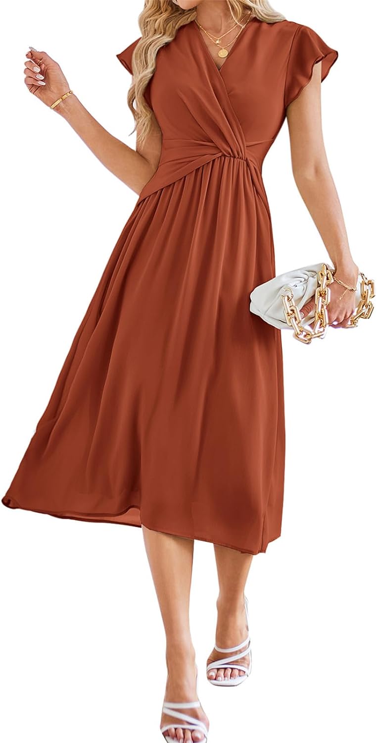 JASAMBAC Womens Dresses Casual Ruffle Short Sleeves Chiffon Empire Waist Elastic...
