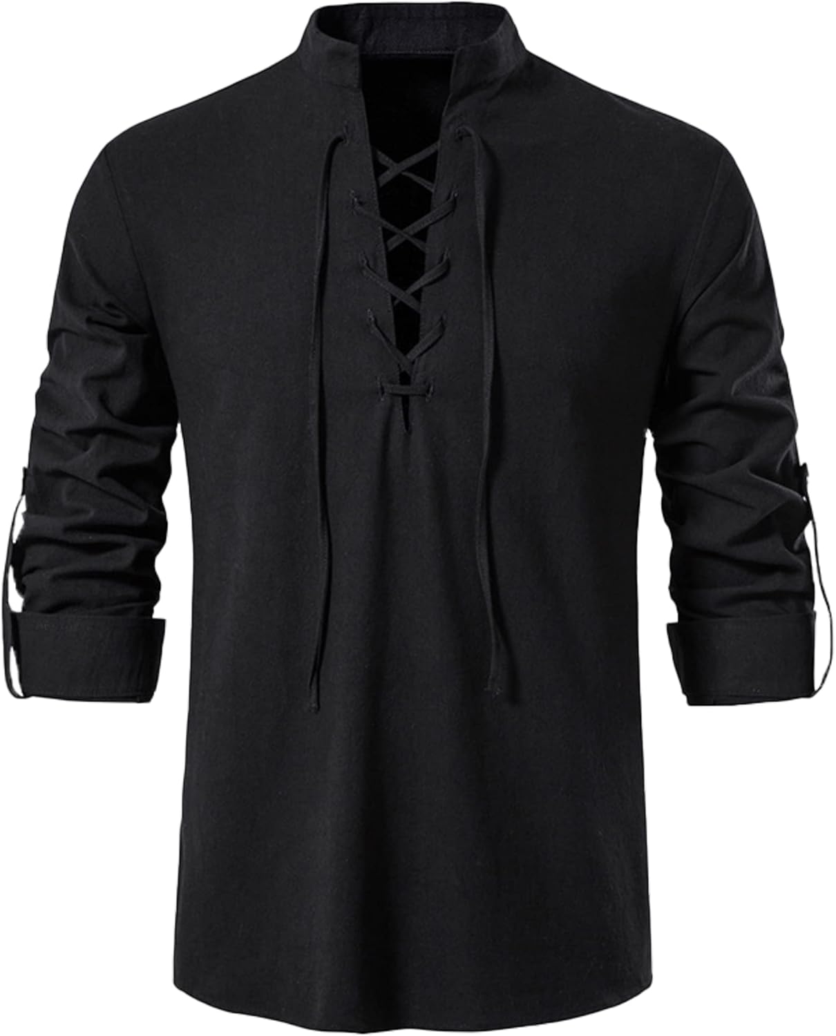YAOHUOLE Linen Shirt Men Cotton Classic Lace Up Long Sleeve Casual Shirt Scottis...