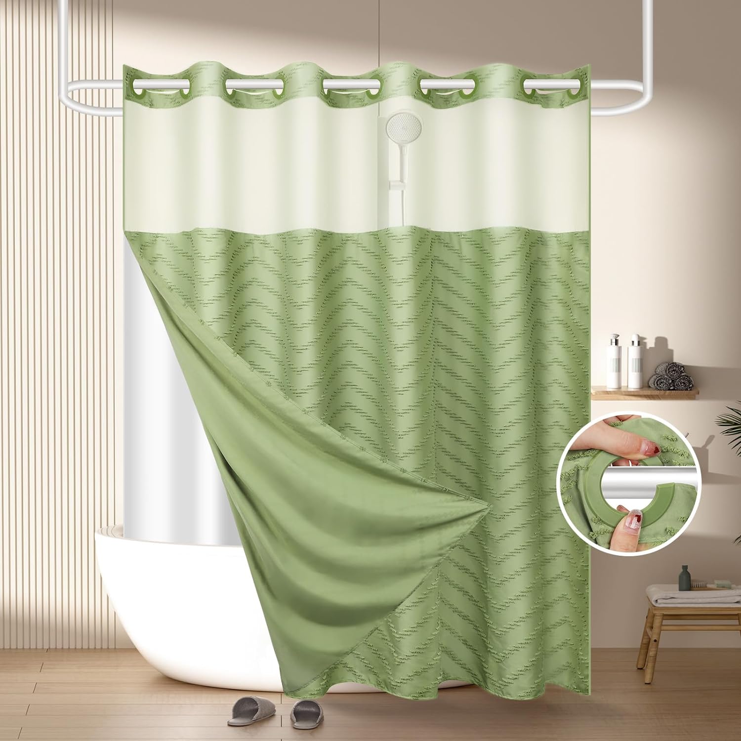 No Hook Shower Curtain and Snap in Liner Set Sage Green Tufted Chevron Striped C...