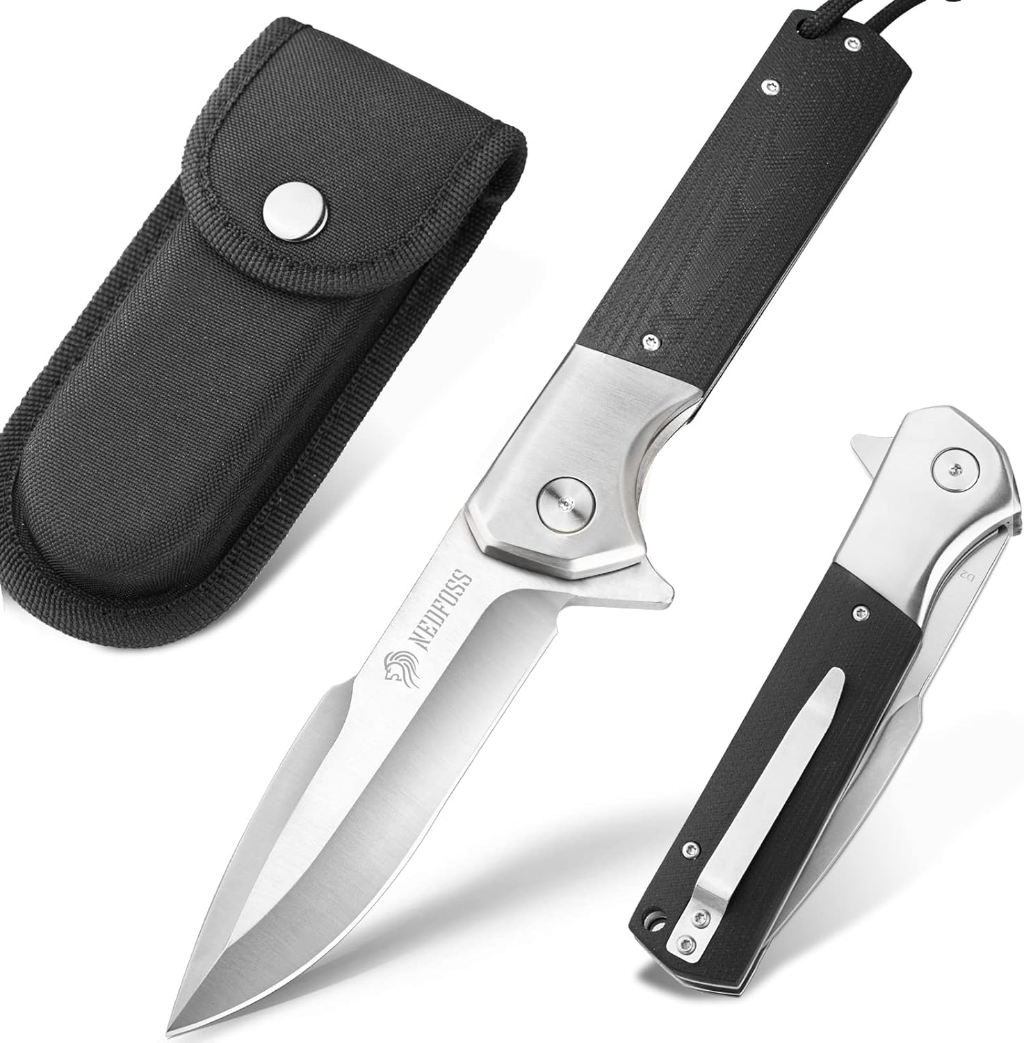 NedFoss BEAST Pocket Knife for Men, 4 inch D2 Steel Blade Folding Knife with Cli...