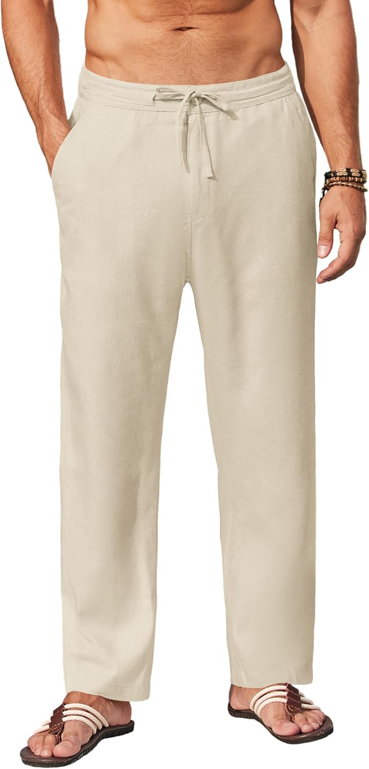 COOFANDY Men's Casual Linen Pants, Special Elastic Waist Drawstring Pants, Uniqu...