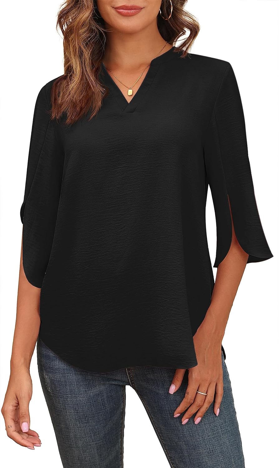 Askyes Women's 2024 Summer Chiffon Blouses Short Sleeve V Neck Tshirts Loose Cas...